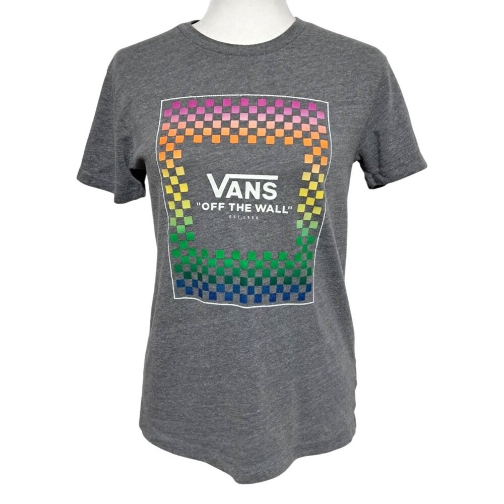 Vans Off The Wall‎ Rainbow Checkerboard Pride T- Shirt Heather Gray XS Skate